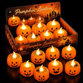 12 Pack Halloween Pumpkin LED Tea Lights, Flameless Flickering Battery Operated Candles, Jack‑O‑Lantern & Spiderweb Mini Pumpkin Lights for Halloween Party Table Decor Fall Home Indoor Decorations