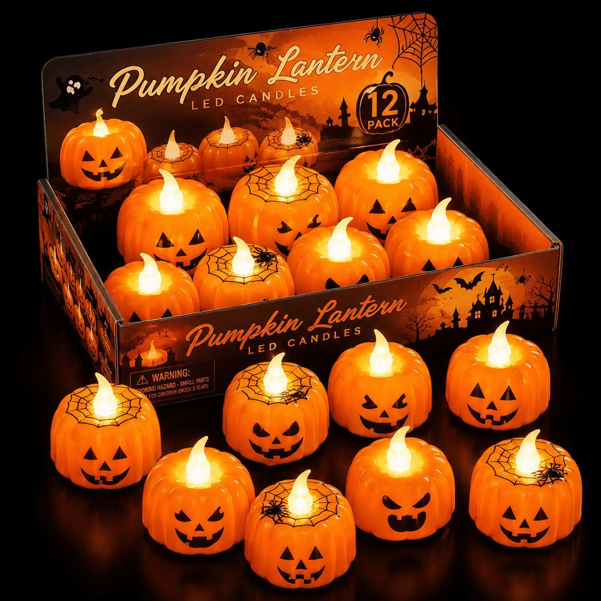 12 Pack Halloween Pumpkin LED Tea Lights, Flameless Flickering Battery Operated Candles, Jack‑O‑Lantern & Spiderweb Mini Pumpkin Lights for Halloween Party Table Decor Fall Home Indoor Decorations