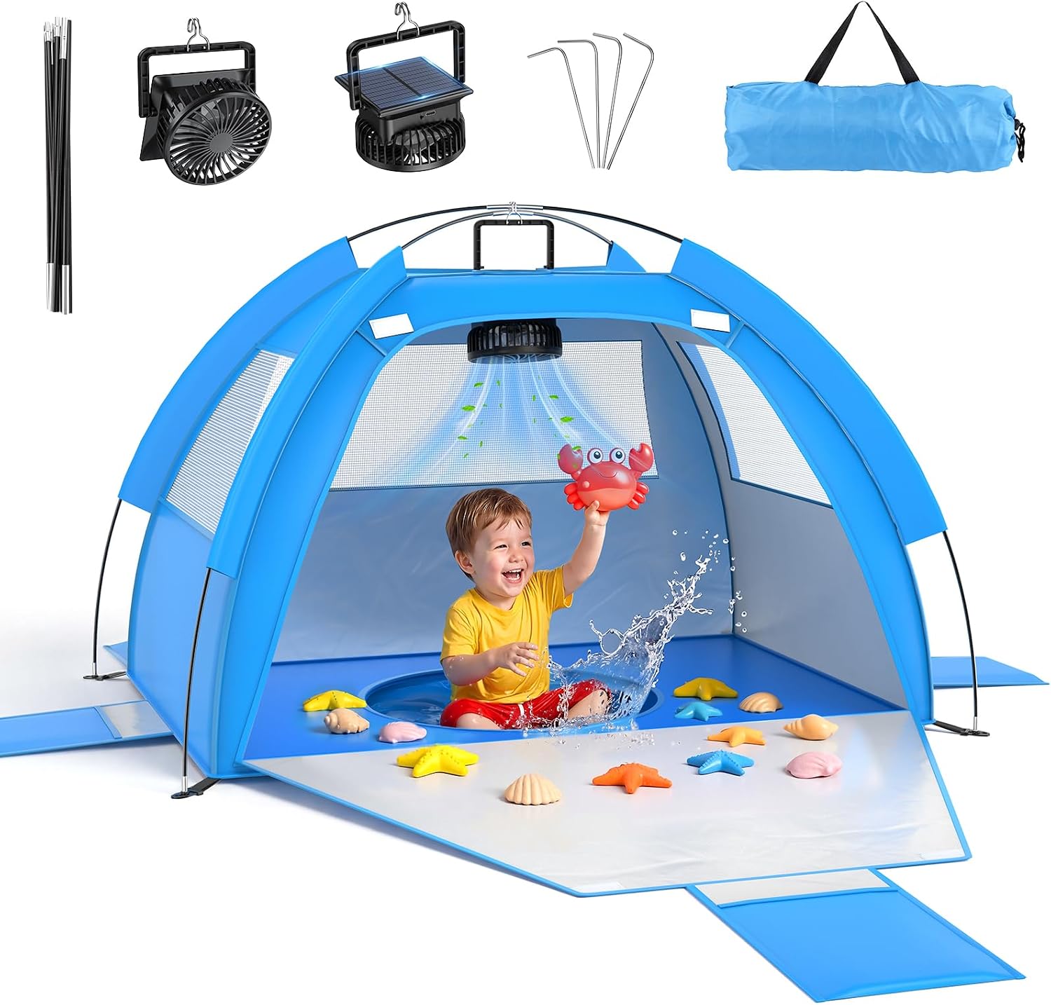 PanAdventure 4-in-1 Baby Beach Tent with Solar Cooling Fan & Splash Pool