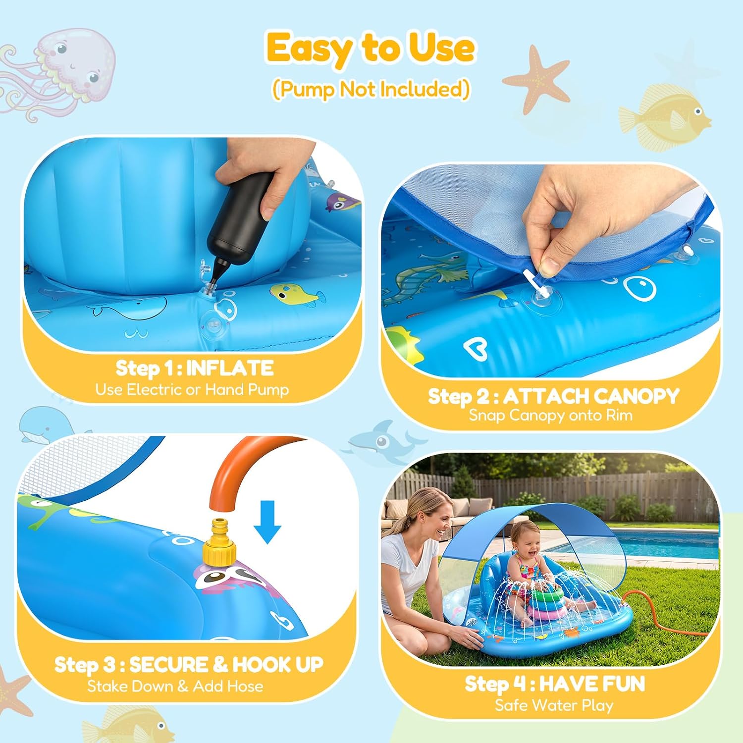PanAdventure Light Blue Toddler Splash Pad with Sprinkler, Canopy & Backrest
