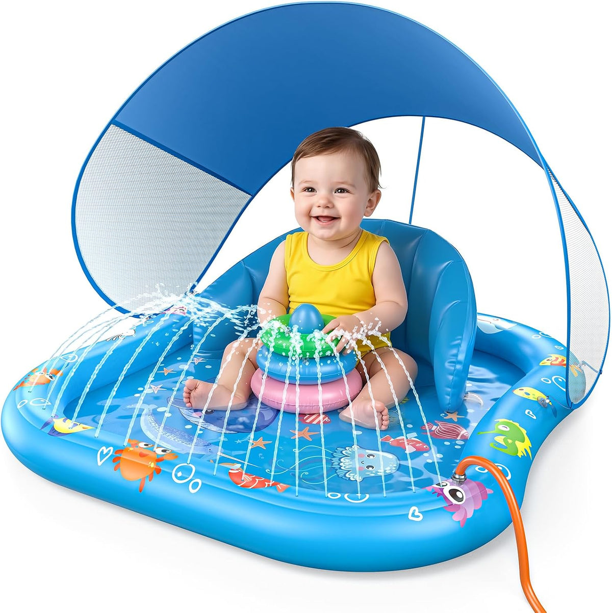 PanAdventure Light Blue Toddler Splash Pad with Sprinkler, Canopy & Backrest