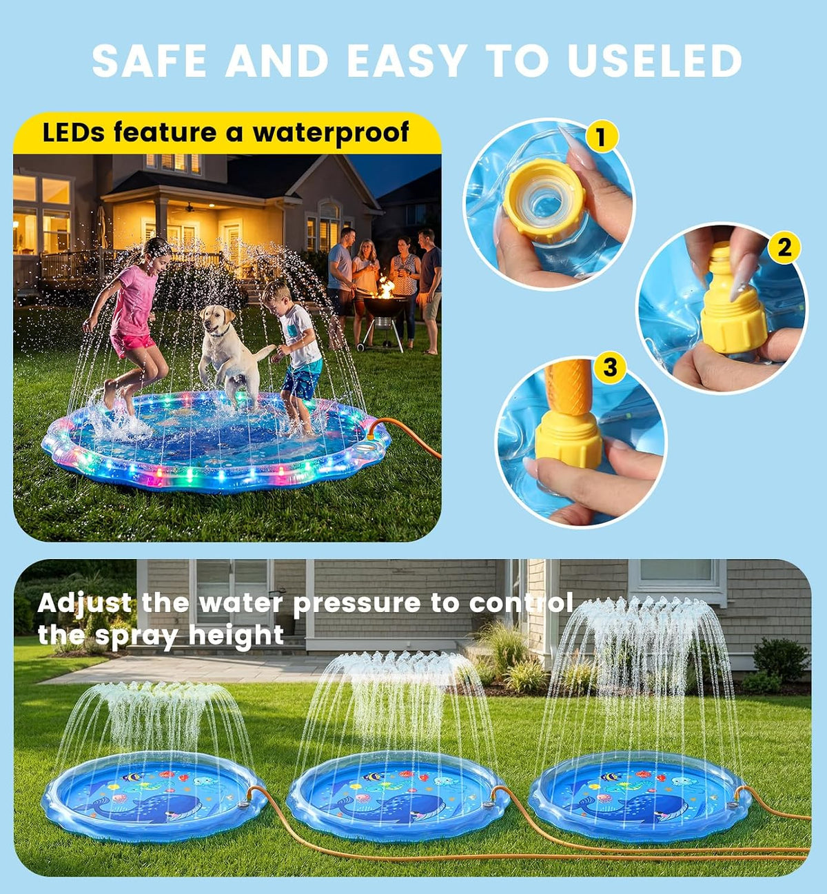 PanAdventure 60" Non-Slip LED Light-Up Sprinkler Splash Pad with Wireless Remote