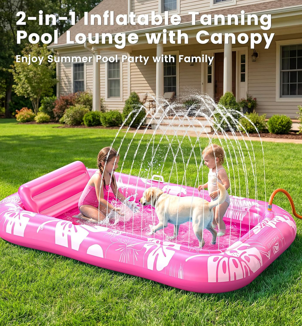 PanAdventure 77" × 48" Pink Inflatable Tanning Pool Lounger with Sprinkler & Canopy
