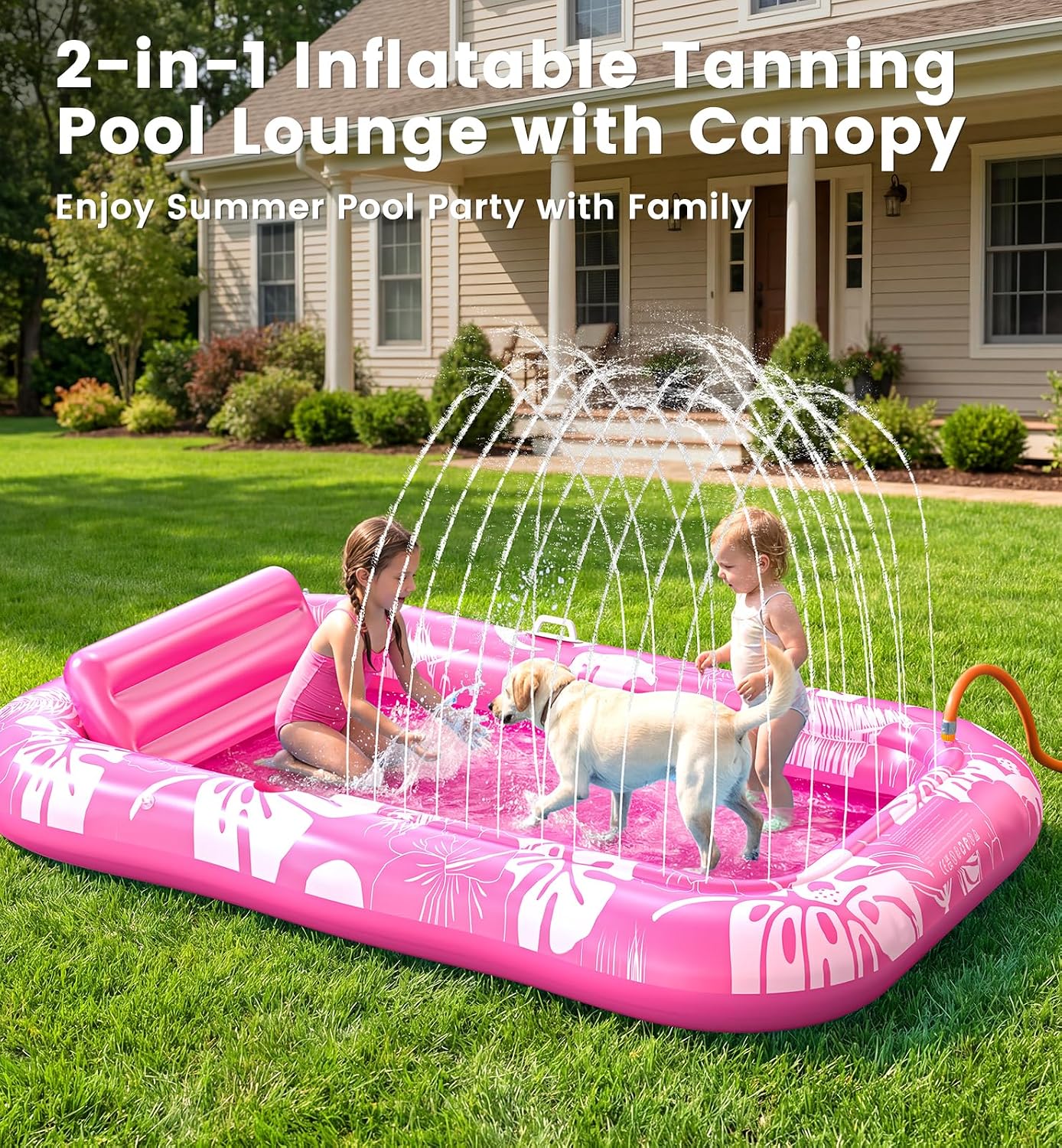 PanAdventure 77" × 48" Pink Inflatable Tanning Pool Lounger with Sprinkler & Canopy