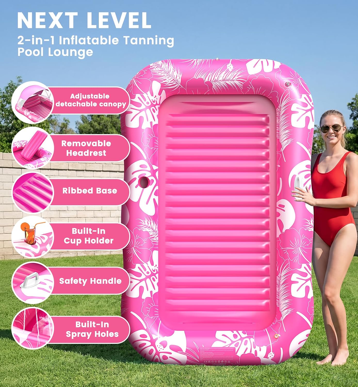 PanAdventure 77" × 48" Pink Inflatable Tanning Pool Lounger with Sprinkler & Canopy