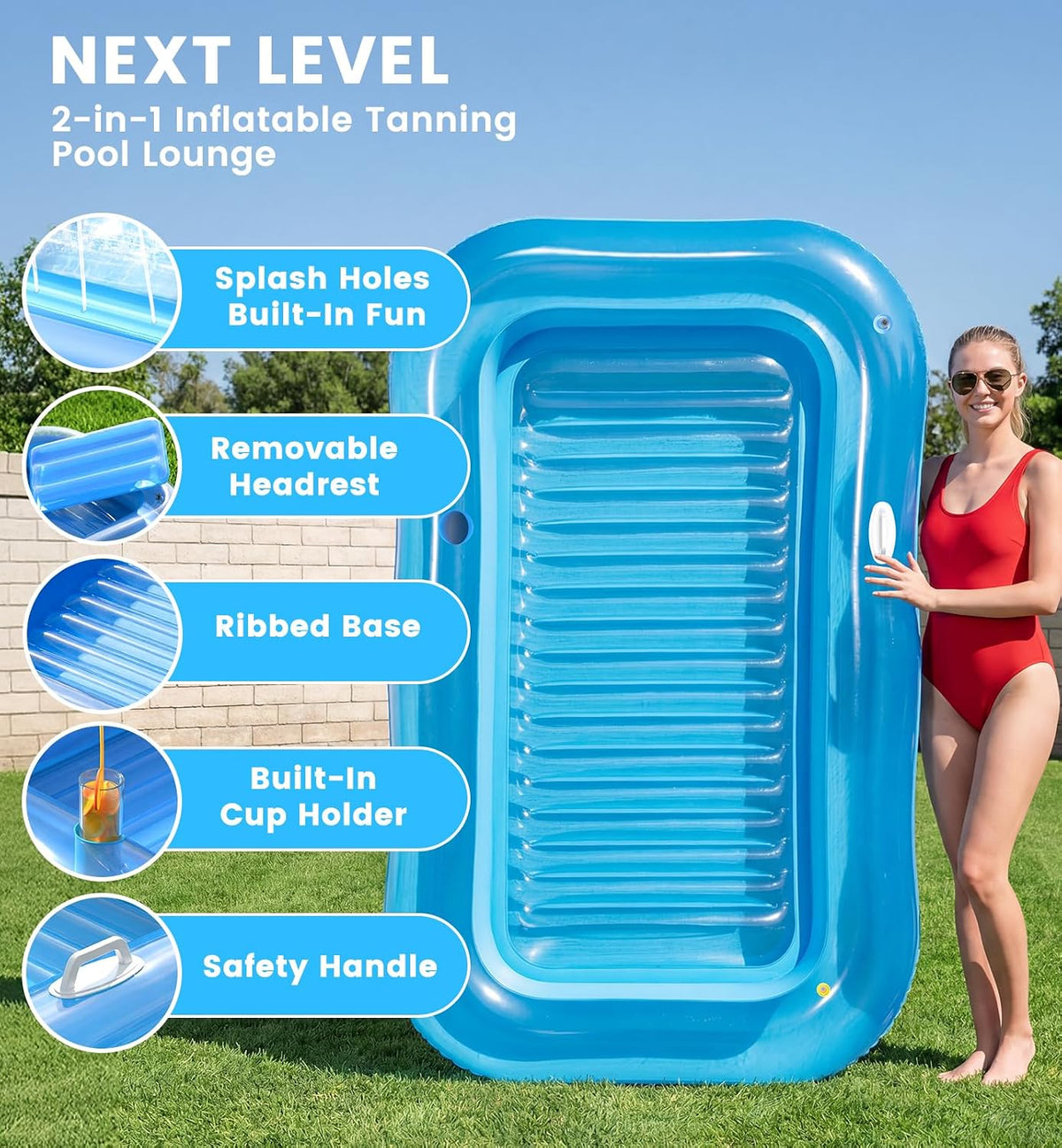 PanAdventure 77" × 48" Sheer Blue Inflatable Tanning Pool Lounger with Sprinkler