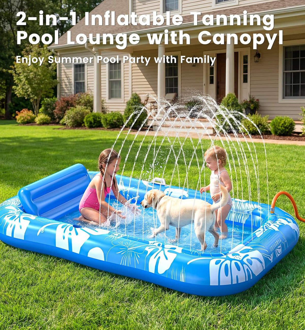 PanAdventure 77" × 48" Blue Inflatable Tanning Pool Lounger with Sprinkler & Canopy
