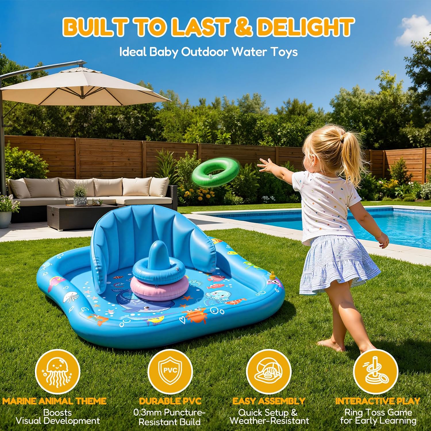 PanAdventure Light Blue Toddler Splash Pad with Sprinkler, Canopy & Backrest