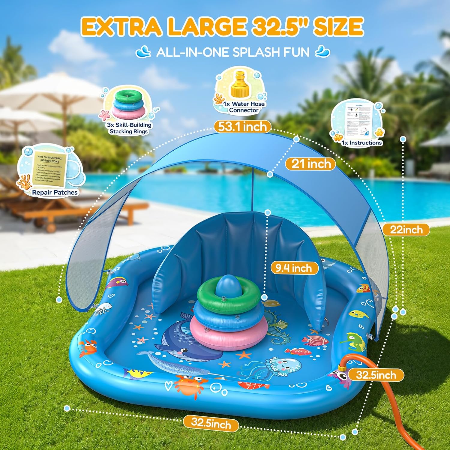 PanAdventure Light Blue Toddler Splash Pad with Sprinkler, Canopy & Backrest