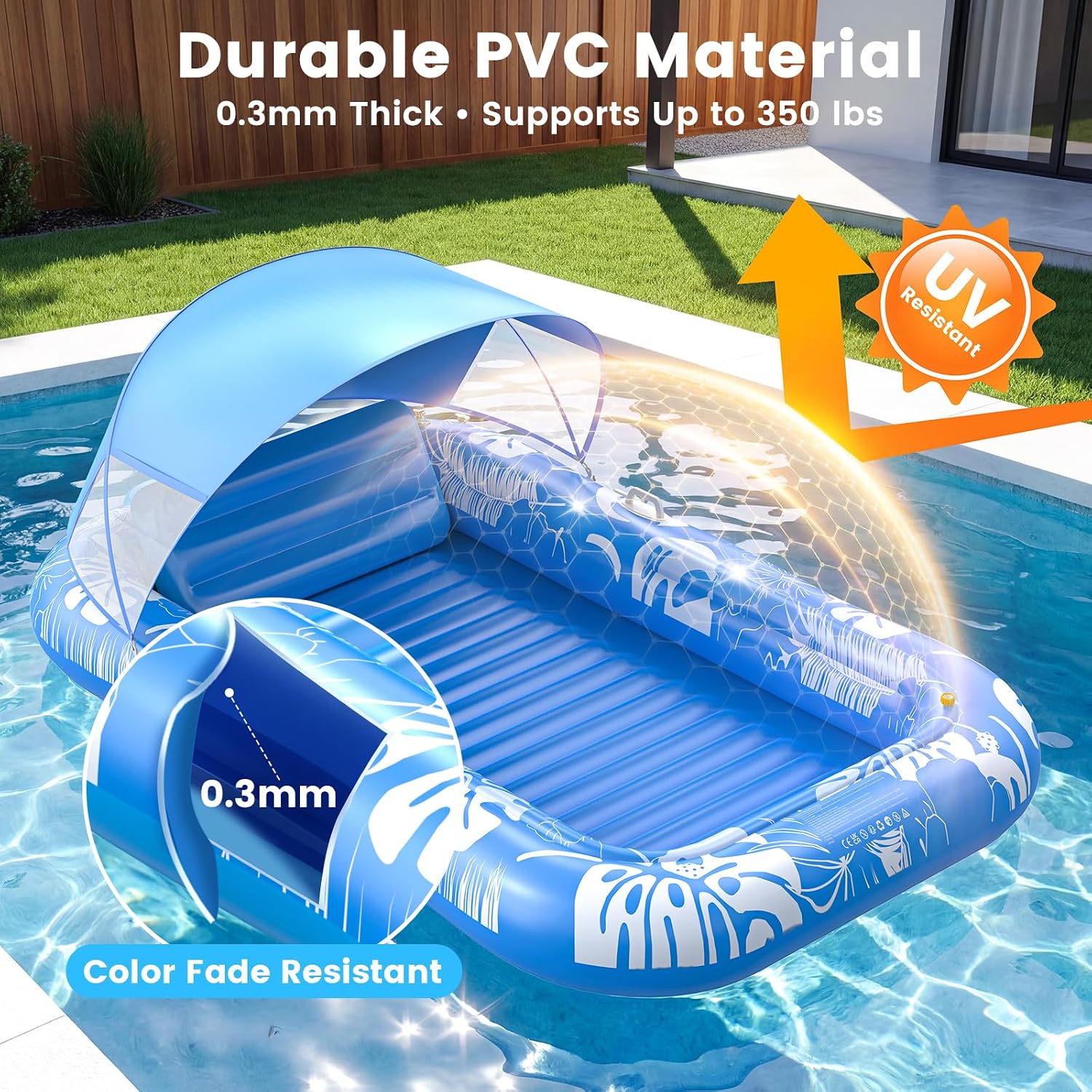 PanAdventure 77" × 48" Blue Inflatable Tanning Pool Lounger with Sprinkler & Canopy