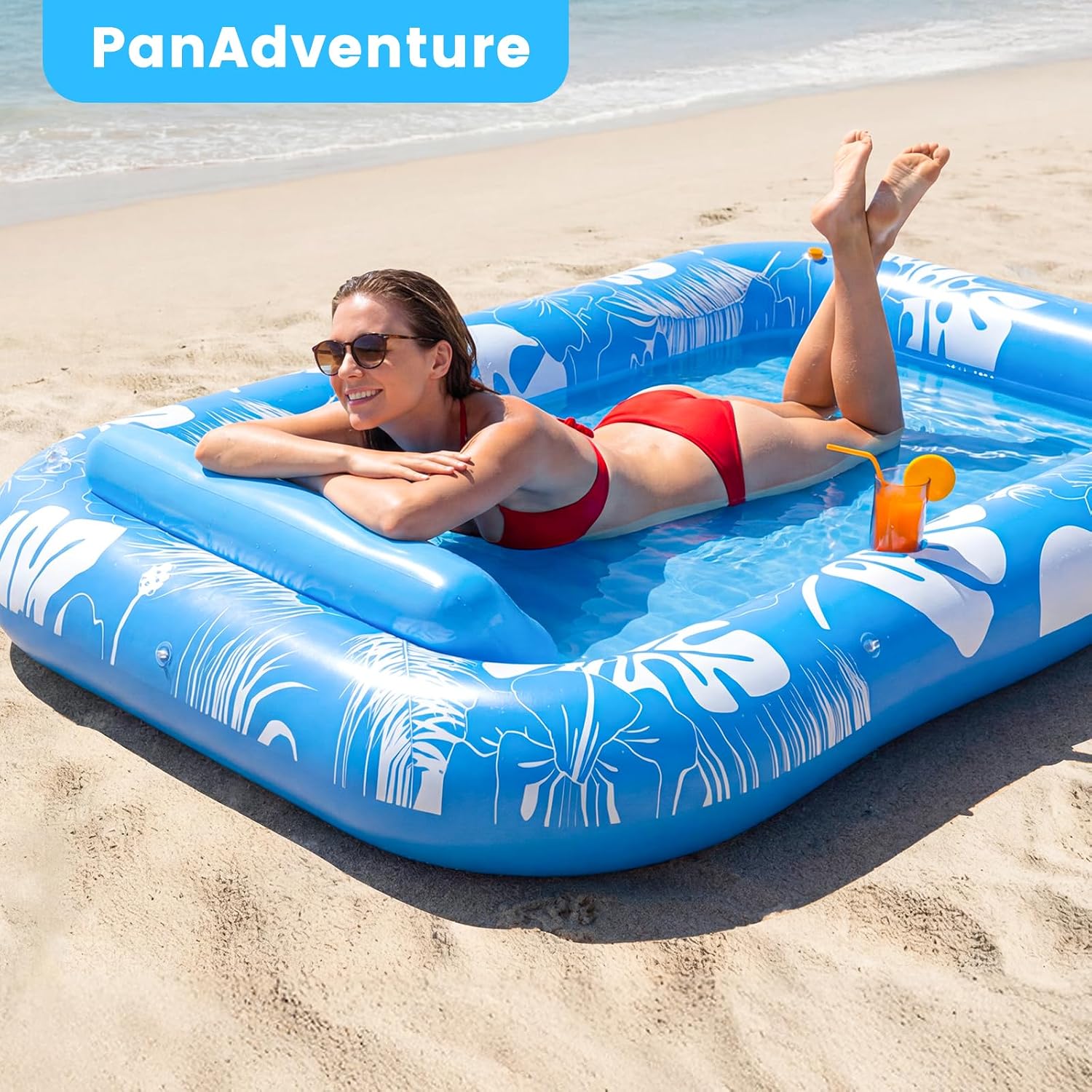 PanAdventure 77" × 48" Blue Inflatable Tanning Pool Lounger with Sprinkler & Canopy