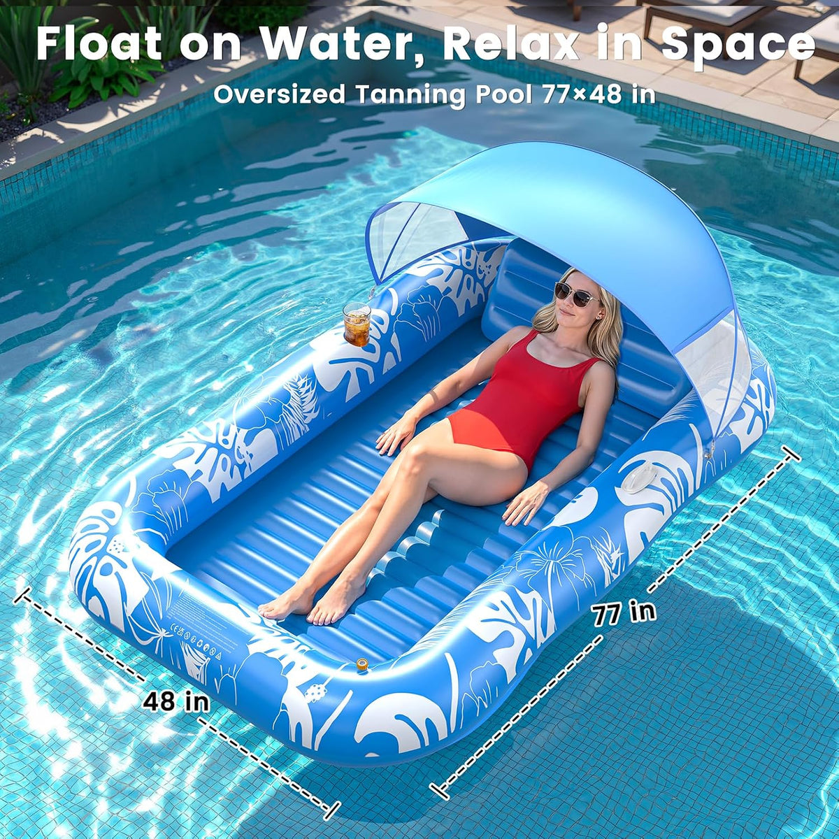PanAdventure 77" × 48" Blue Inflatable Tanning Pool Lounger with Sprinkler & Canopy
