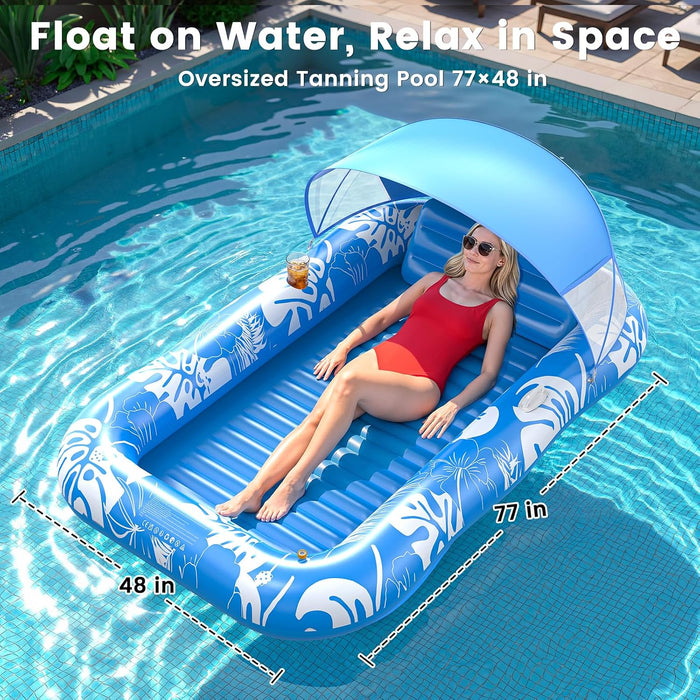 PanAdventure 77" × 48" Blue Inflatable Tanning Pool Lounger with Sprinkler & Canopy