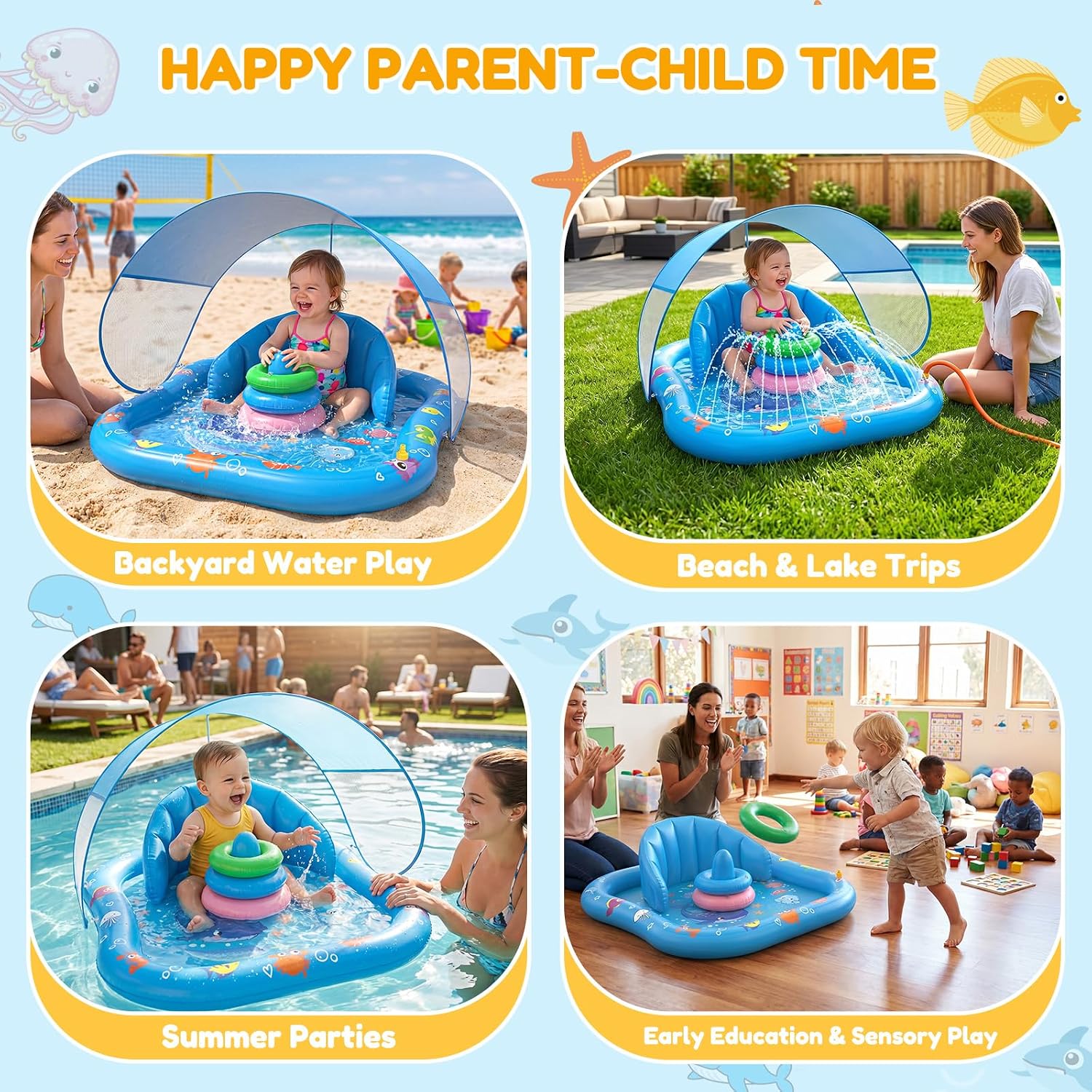 PanAdventure Light Blue Toddler Splash Pad with Sprinkler, Canopy & Backrest