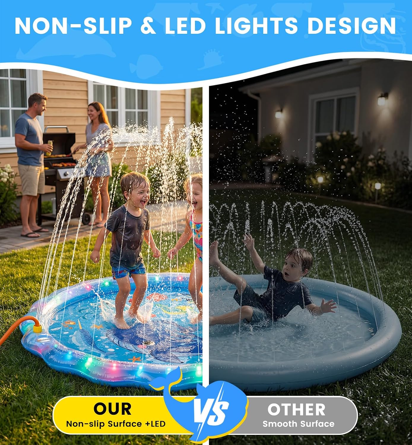 PanAdventure 60" Non-Slip LED Light-Up Sprinkler Splash Pad with Wireless Remote