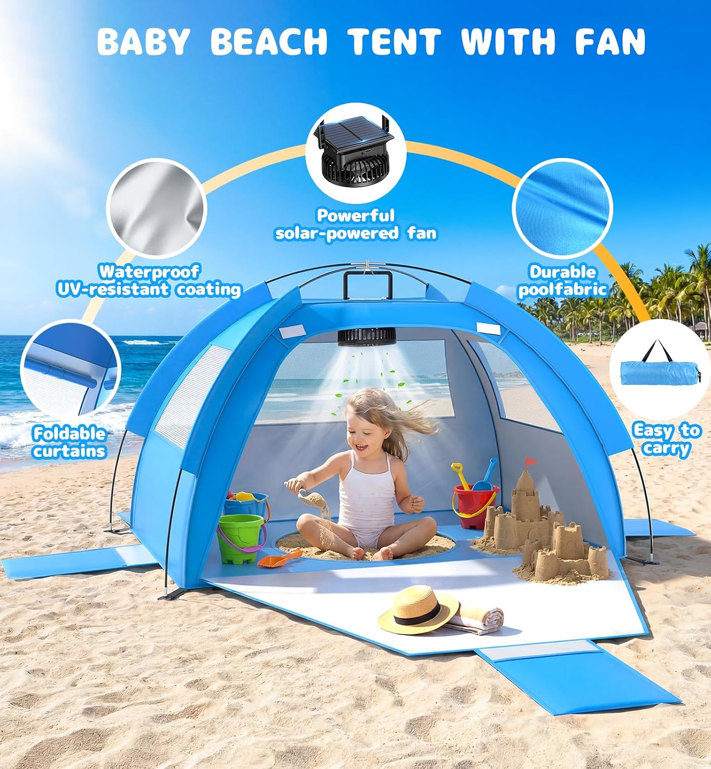 PanAdventure 4-in-1 Baby Beach Tent with Solar Cooling Fan & Splash Pool