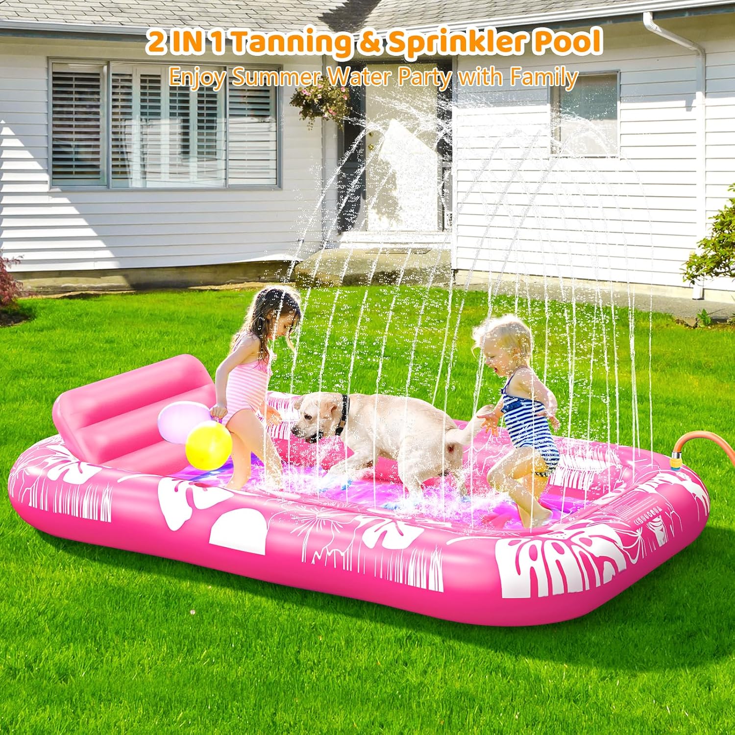 PanAdventure 77" × 48" Pink Inflatable Tanning Pool Lounger with Sprinkler