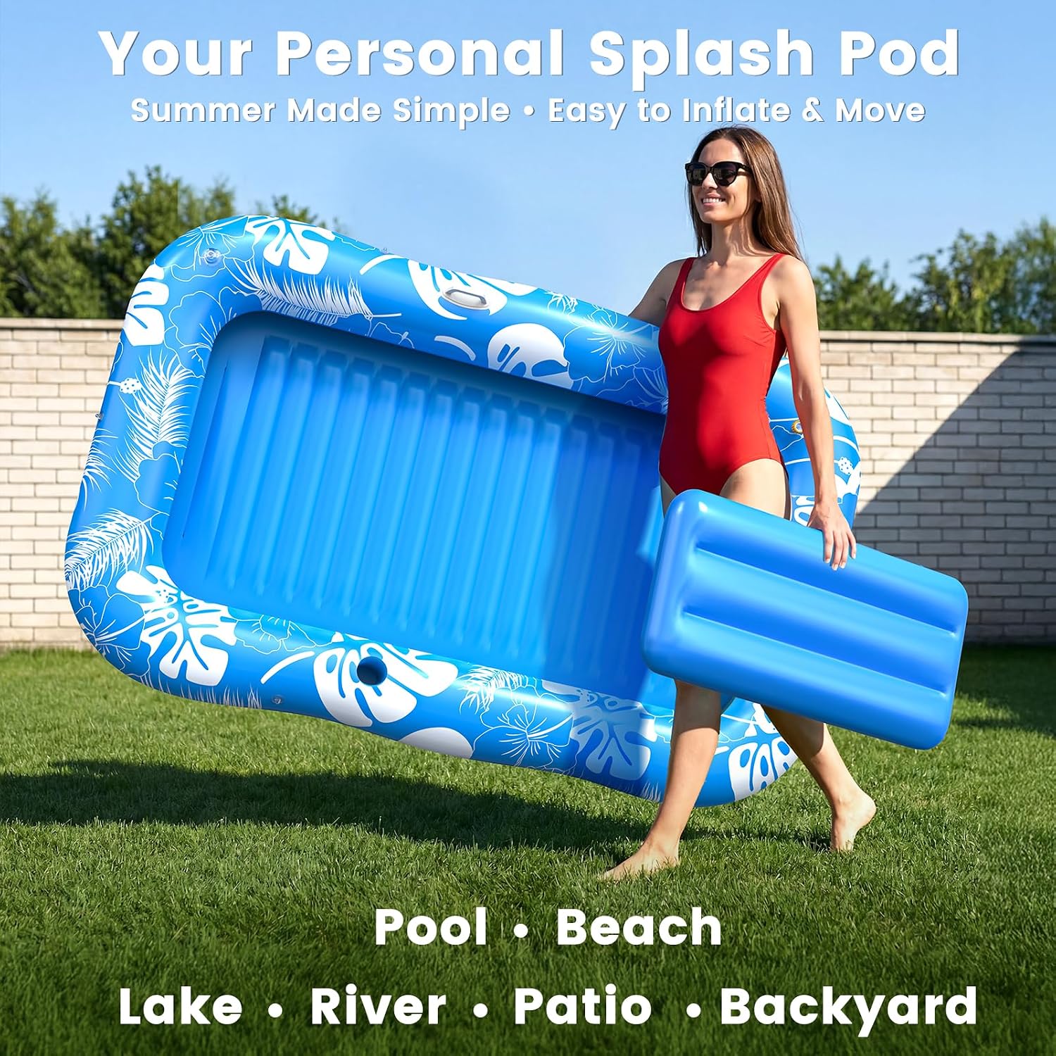 PanAdventure 77" × 48" Blue Inflatable Tanning Pool Lounger with Sprinkler & Canopy