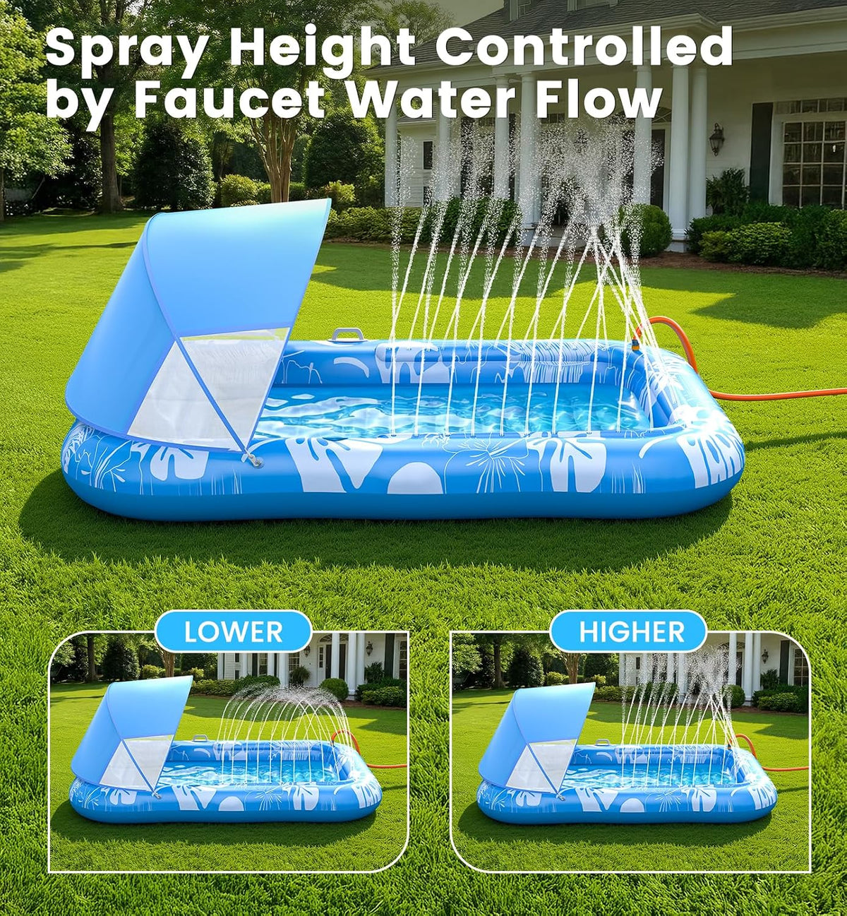 PanAdventure 77" × 48" Blue Inflatable Tanning Pool Lounger with Sprinkler & Canopy