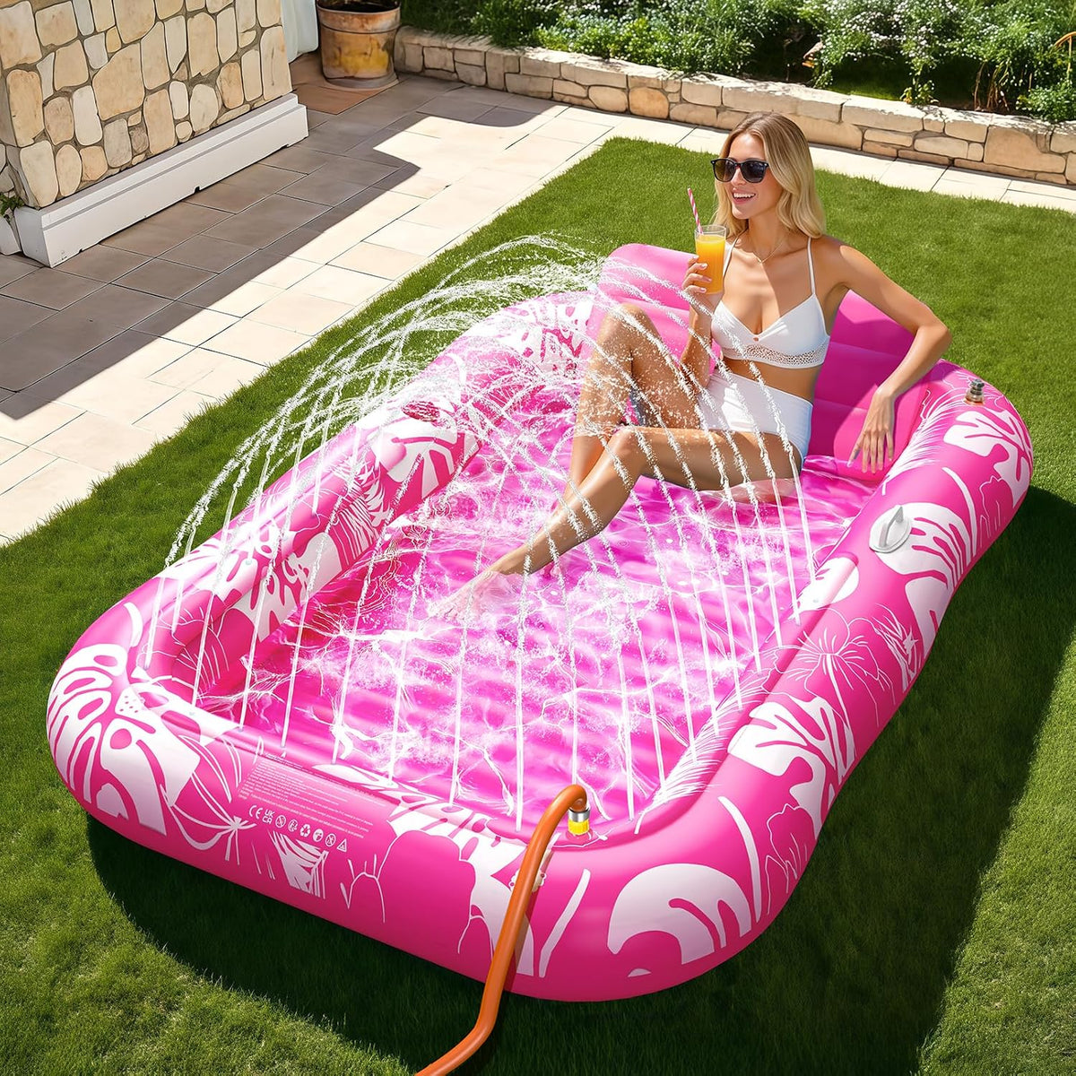 77" x 48" Inflatable Tanning Pool Lounger with Cooling Sprinkler