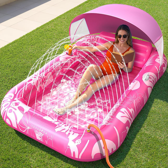 PanAdventure 77" × 48" Pink Inflatable Tanning Pool Lounger with Sprinkler & Canopy