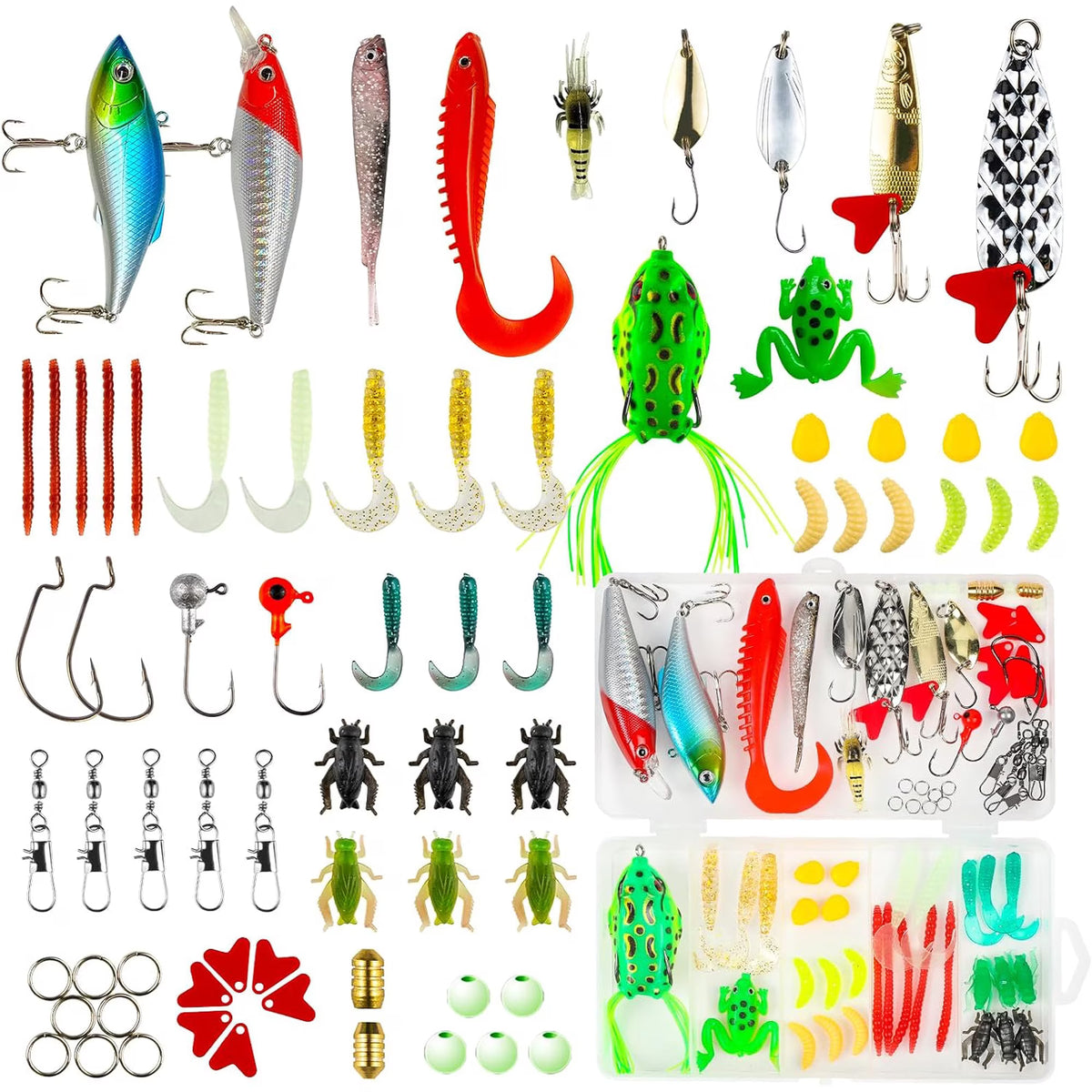24pcs Fishing Lures Kit for Freshwater Bait Tackle Kit for Bass Trout Salmon Fishing Accessories Tackle Box Including Spoon Lures Soft Plastic Worms Fishing Gifts