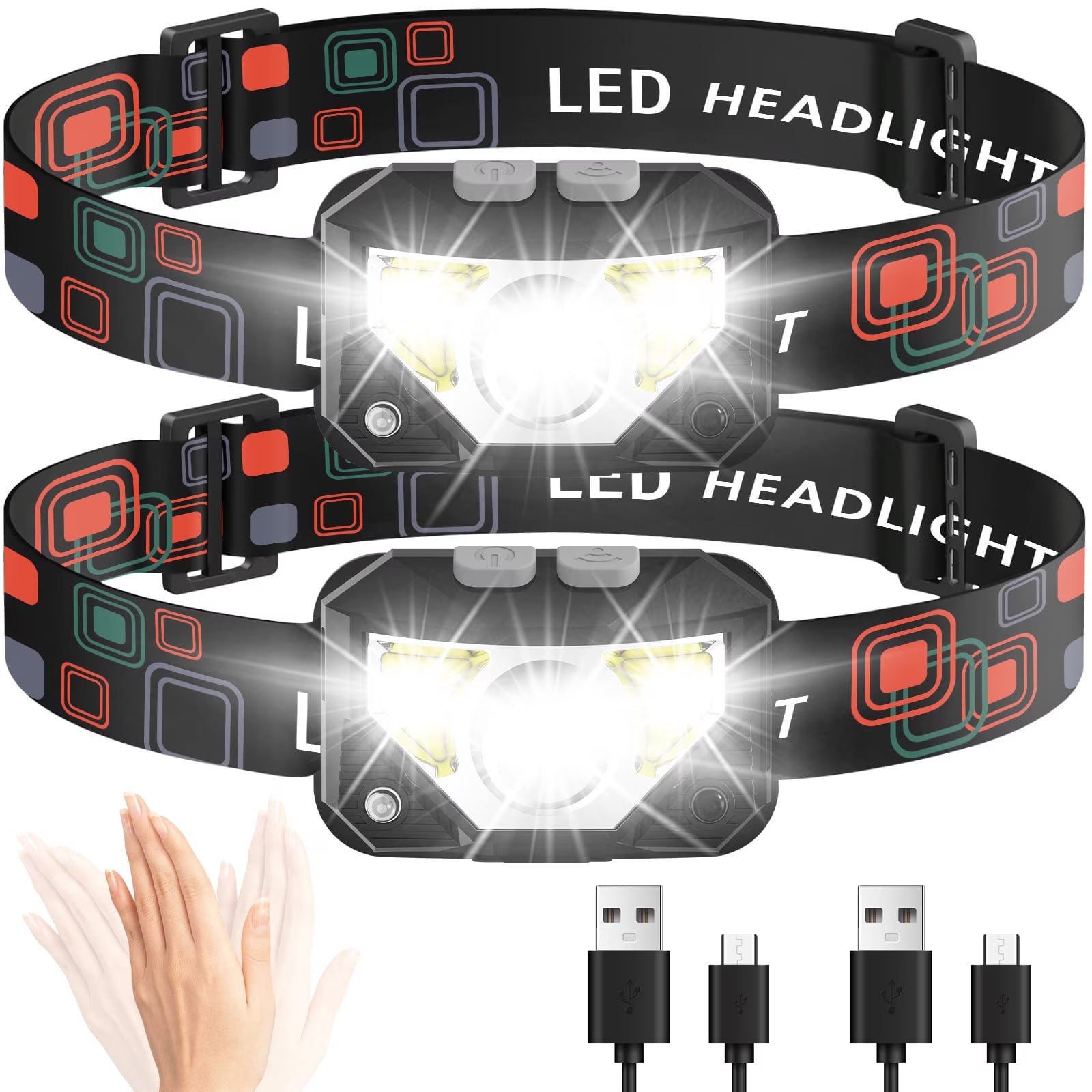 PanAdventure Rechargeable LED Headlamp, 2500 Lumen, 2 Pack, Motion Sensor, Red Light, 6 Lighting Modes, Waterproof for Camping, Running, Hiking, Work, Black
