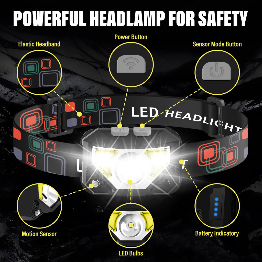 PanAdventure Rechargeable LED Headlamp, 2500 Lumen, 2 Pack, Motion Sensor, Red Light, 6 Lighting Modes, Waterproof for Camping, Running, Hiking, Work, Black