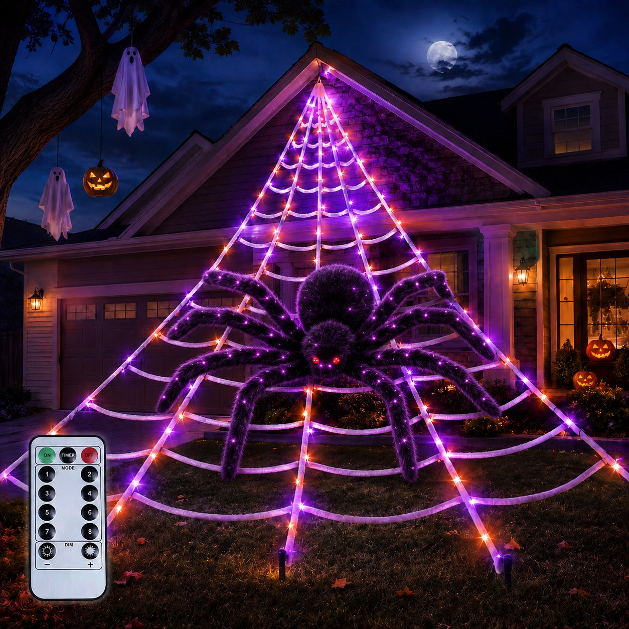 PanAdventure Halloween Spider Web Lights Outdoor, 16.4FT Purple Orange Lighted Spider Web with 250 LED, Giant Spider, Remote, Timer, Plug-in Yard Decorations for Porch, Lawn, Garden, Haunted House