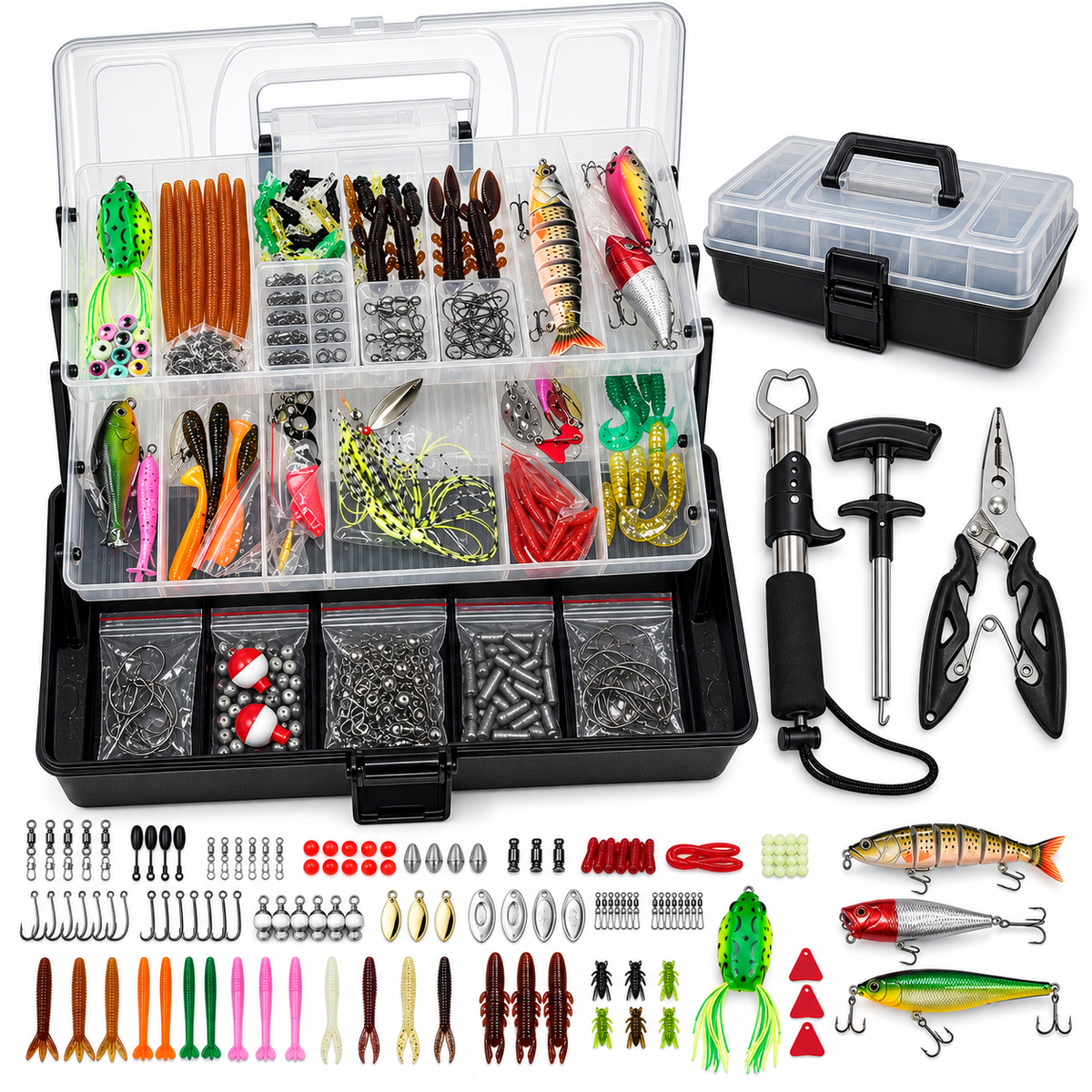460Pcs Fishing Lures Kit for Freshwater Bait Tackle Kit for Bass Trout Salmon Fishing Accessories Tackle Box Including Spoon Lures Soft Plastic Worms Fishing Gifts
